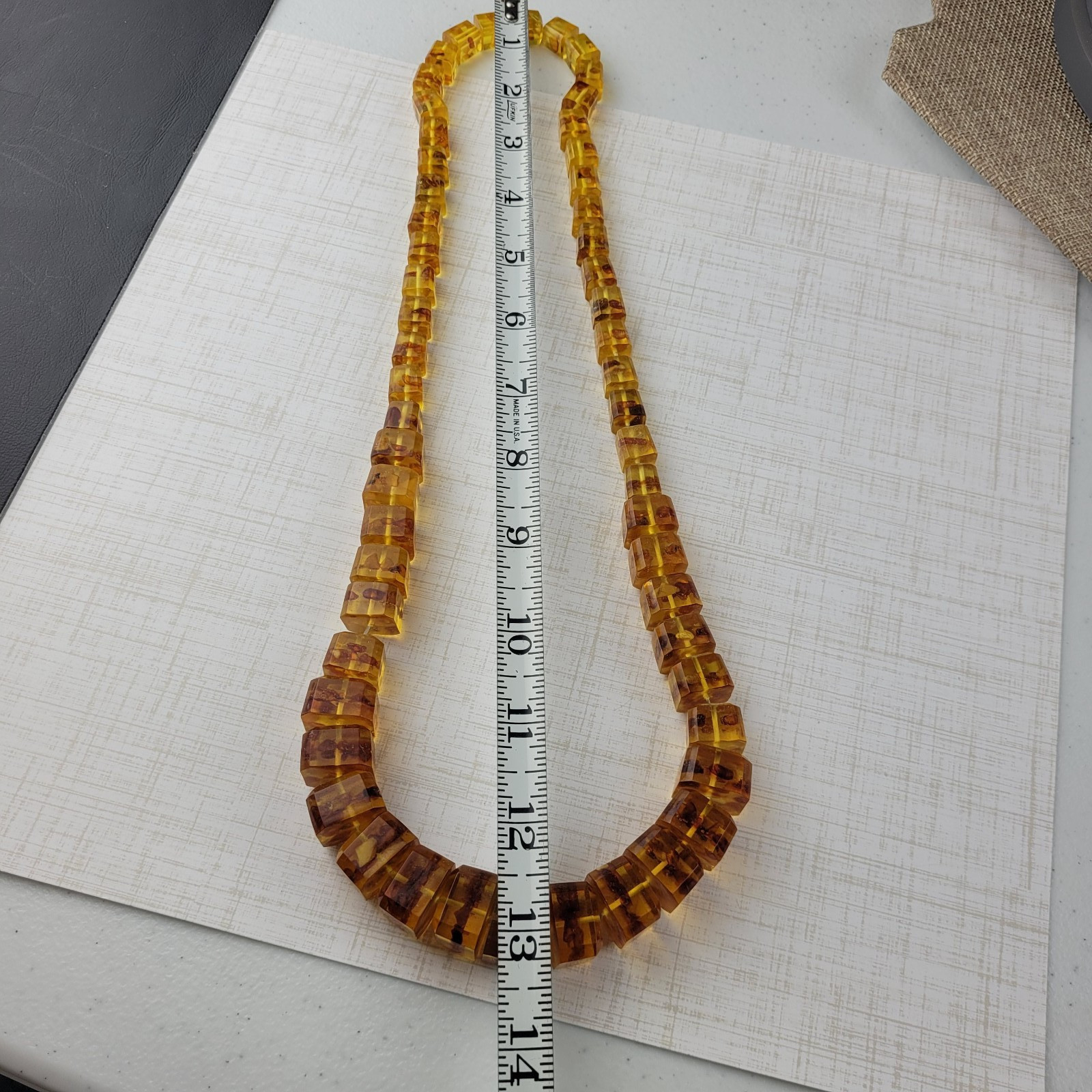 Vintage Faux Amber Golden Honey Chunky Cube Graduated Bead Necklace 28″ READ