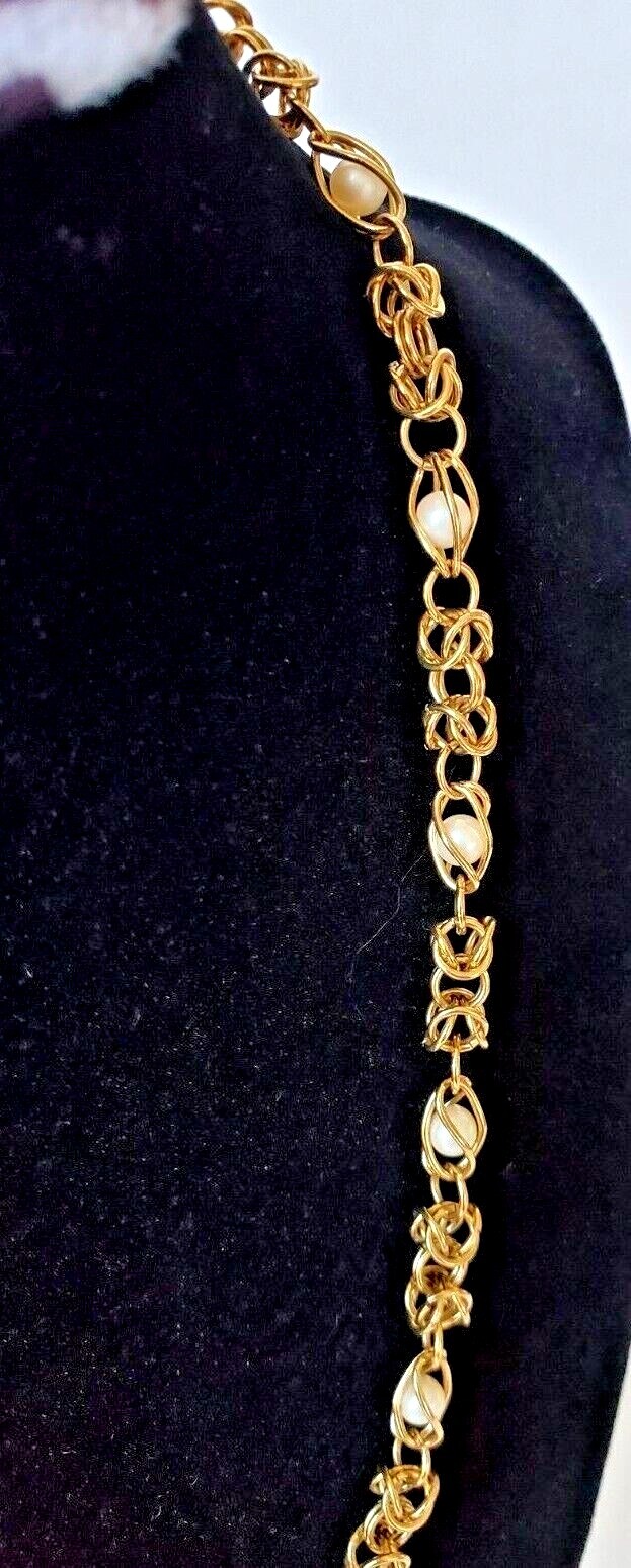Retro Caged Faux Pearl in Gold Tone Chain Necklace 22.5″ L