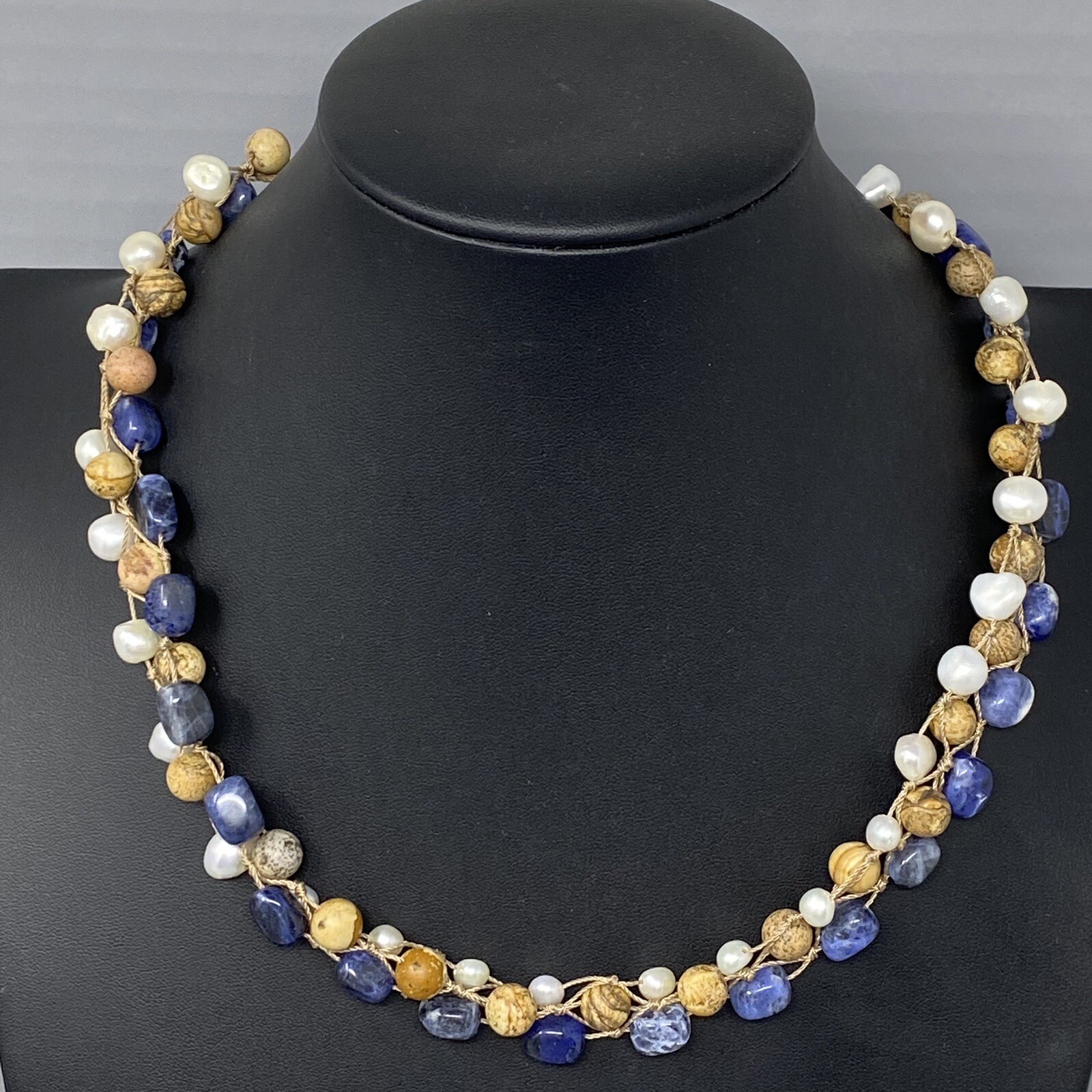 Coldwater Creek Necklace Jasper Sodalite Genuine Pearl Hand Knot Wrap Boho 20″
