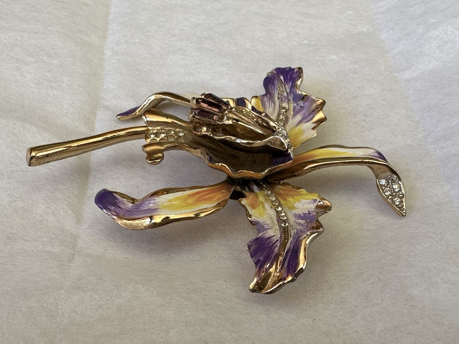 Coro Craft Vintage Pin Orchid Purple & Yellow Enamel Leaves Rhinestone Sterling