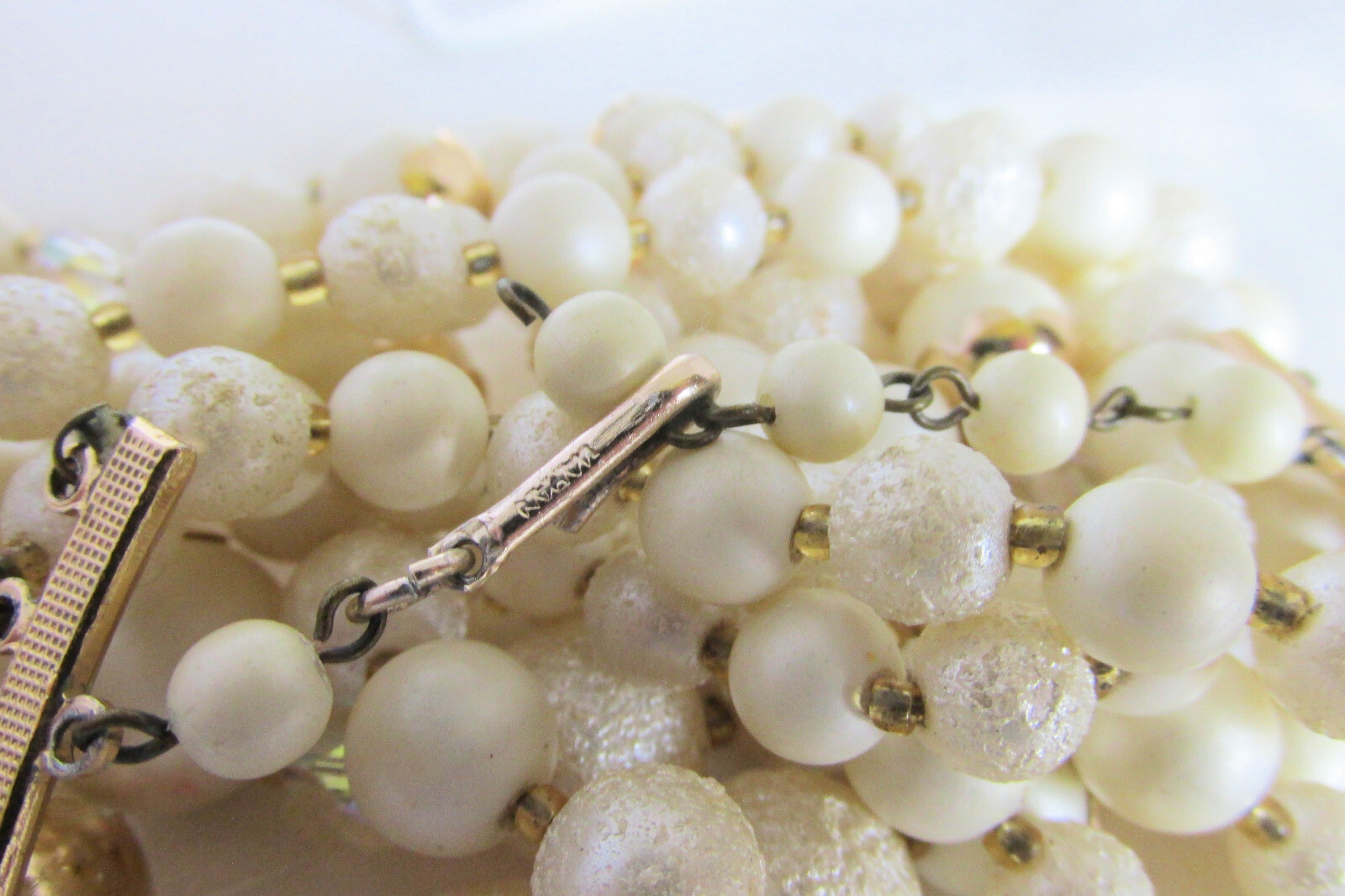 Cream AB Crystal Beads Bib Choker Necklace Textured Satin Vintage Retro JAPAN