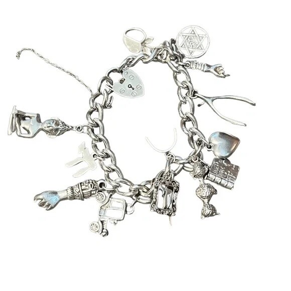 Vintage Charm Bracelet Loaded 14 Charms Sterling Silver