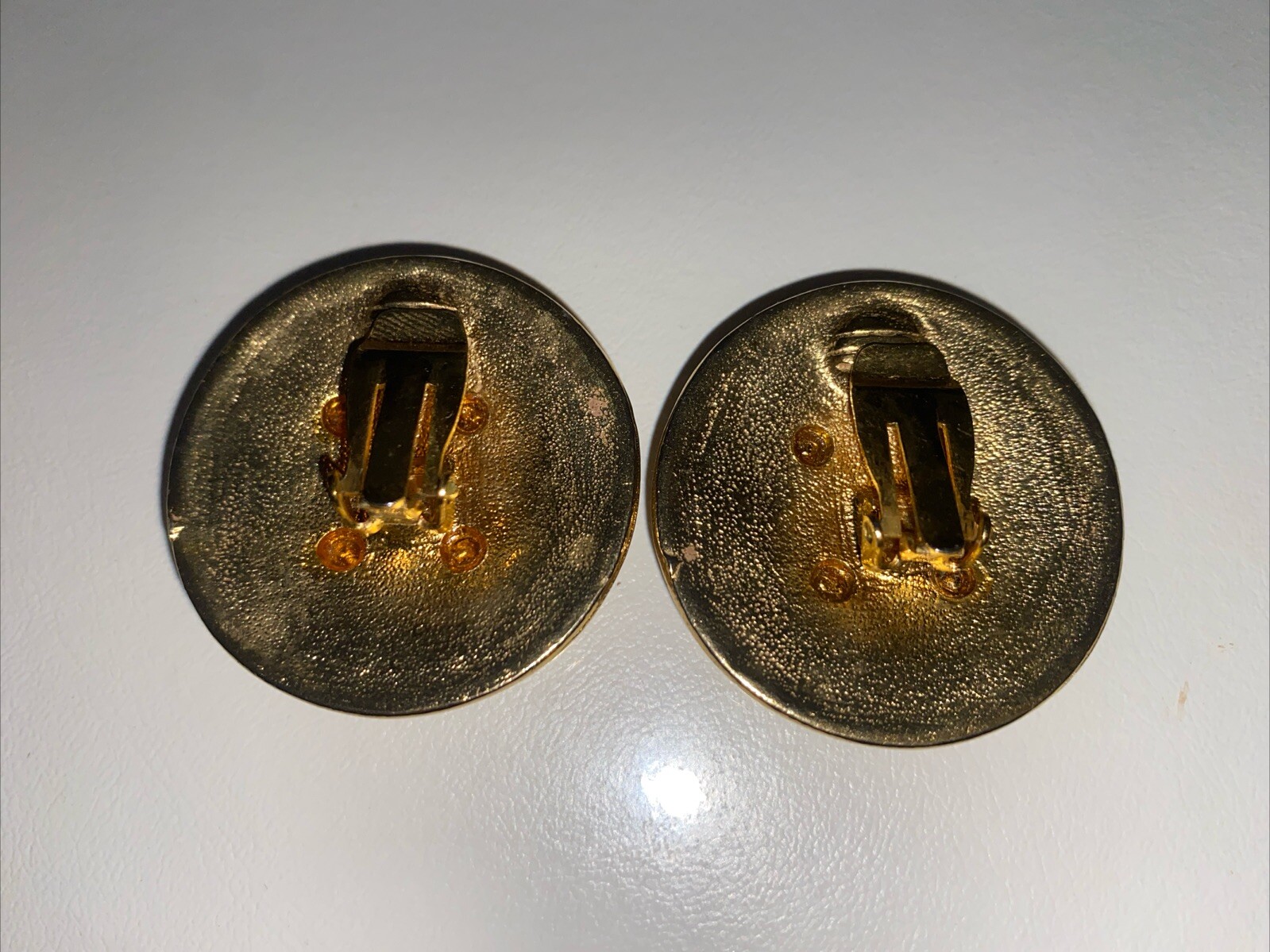 Vintage Clip On Off-White Button Enamel Earrings With Gold Trim Nautical Costume