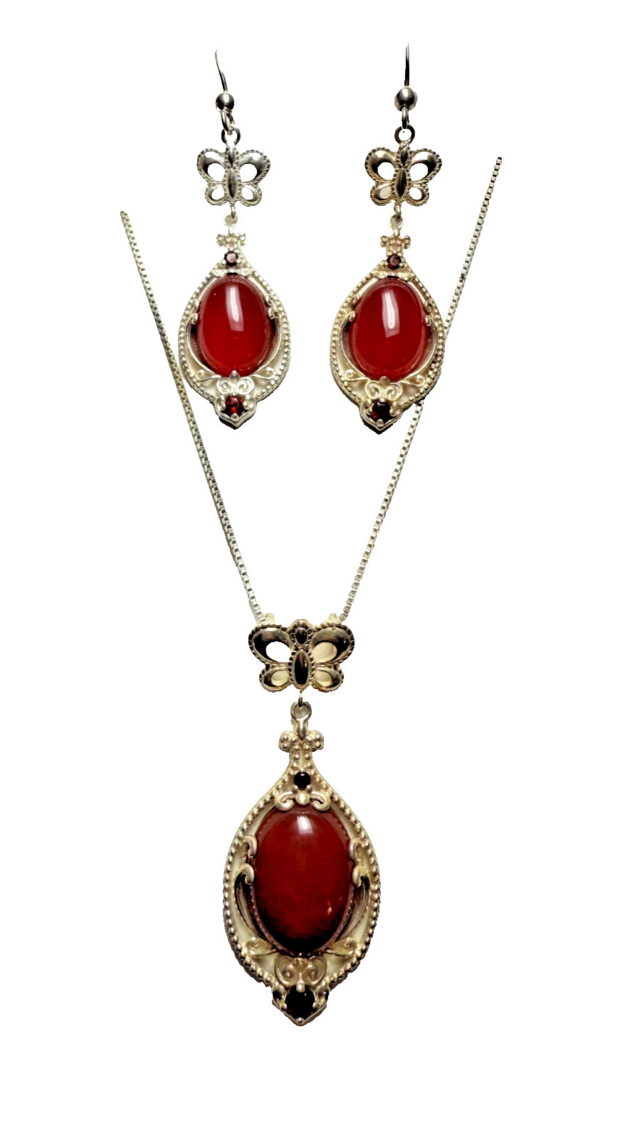VTG Kit Heath Sterling Silver Butterfly Necklace Earrings Set Red Cabochon 925