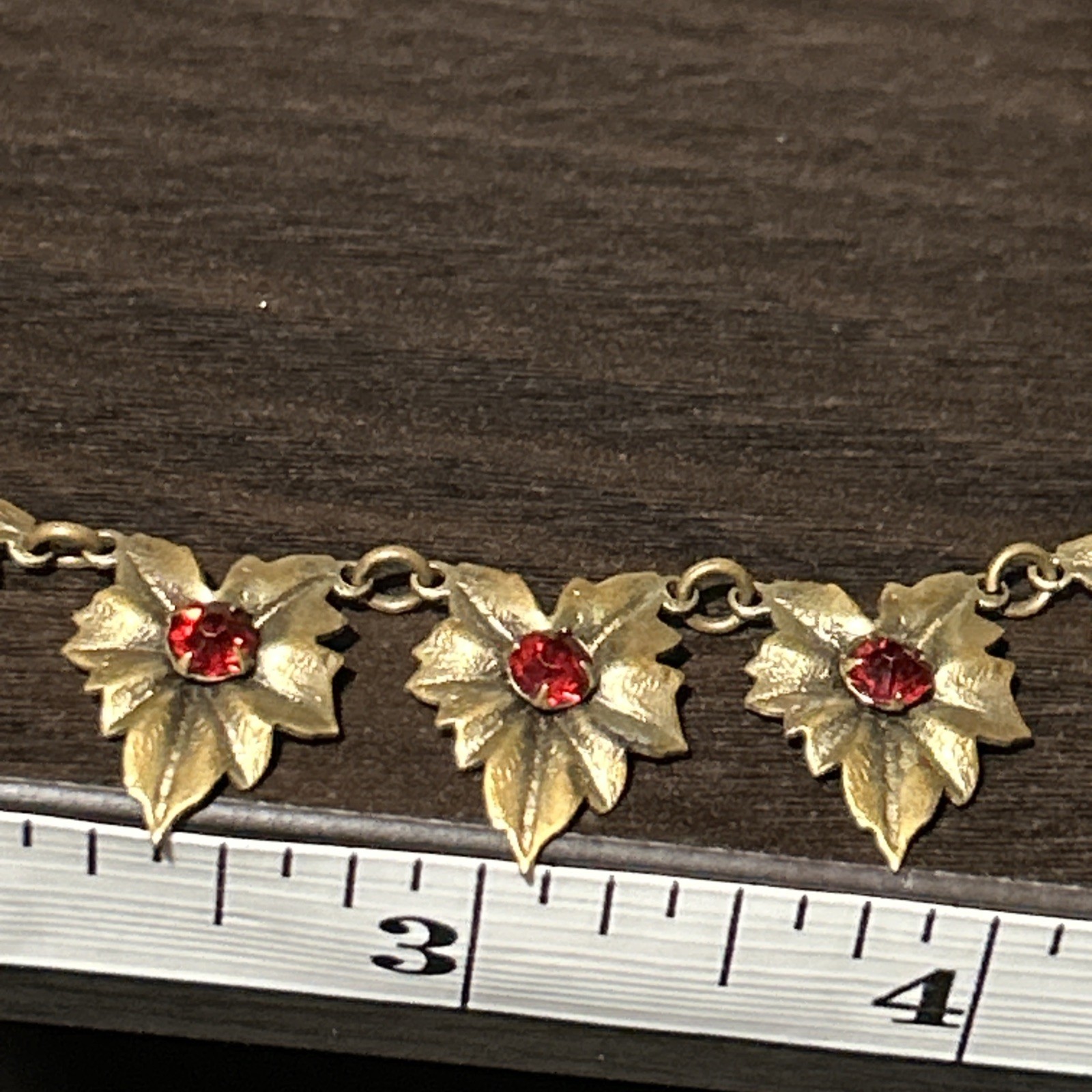 Vintage Bronze Leaf Red Garnet Glass Statement Necklace Choker 15”