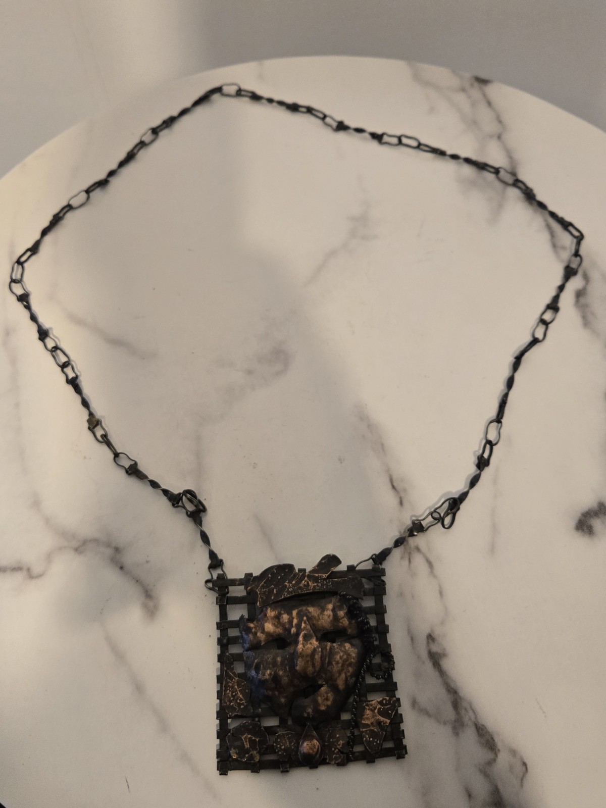 Vintage Brutalist Pendant Necklace Brass Bronze Tone Metal Necklace