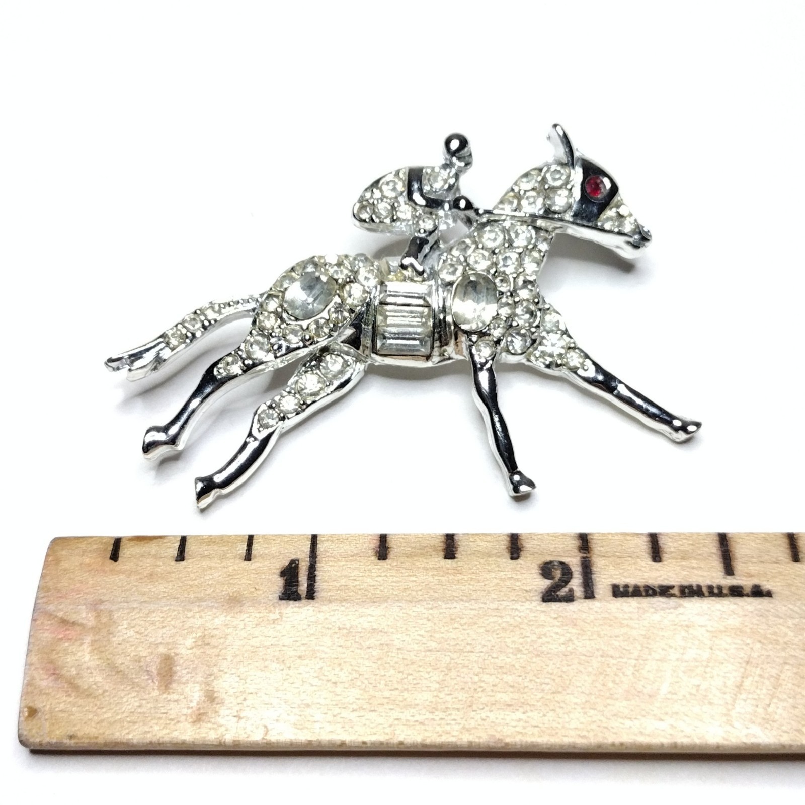Vtg Rhinestone Equestrian Brooch Pin Derby Race Horse & Rider White Metal PELL ?
