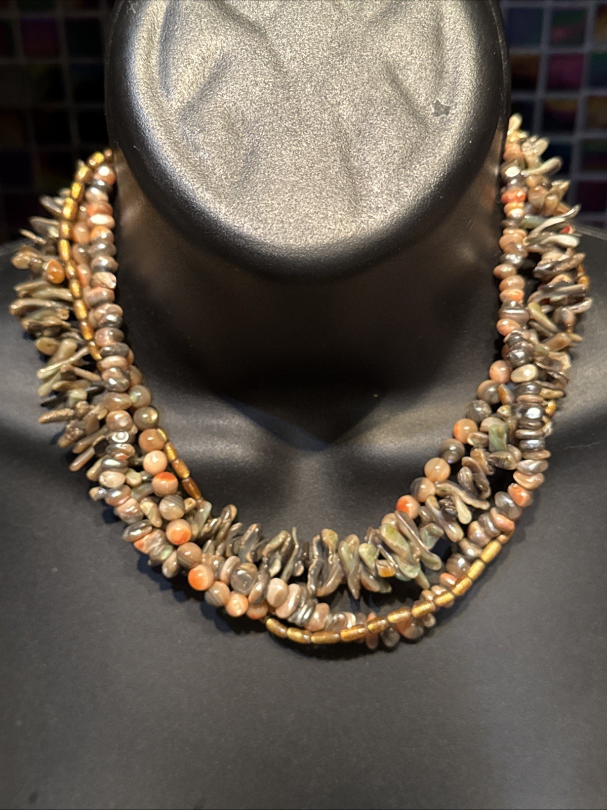 Vtg HELGA WAGNER 4 Strand Polished Shell Fall Bronze Gold Seashell 17″ Necklace