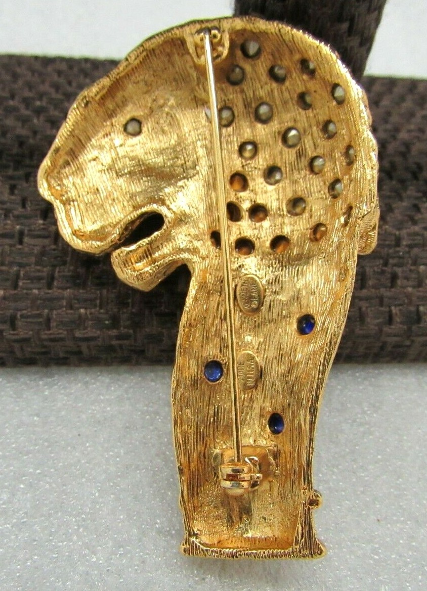 KENNETH J LANE BLUE LAPIS CABOCHON EMERALD CRYSTAL LION MANE BROOCH PIN MADE USA