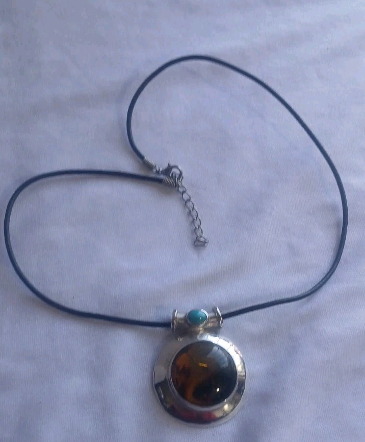 Vintage 1980’s Amber Turquoise And 950 Silver Pendant on Leather Cord