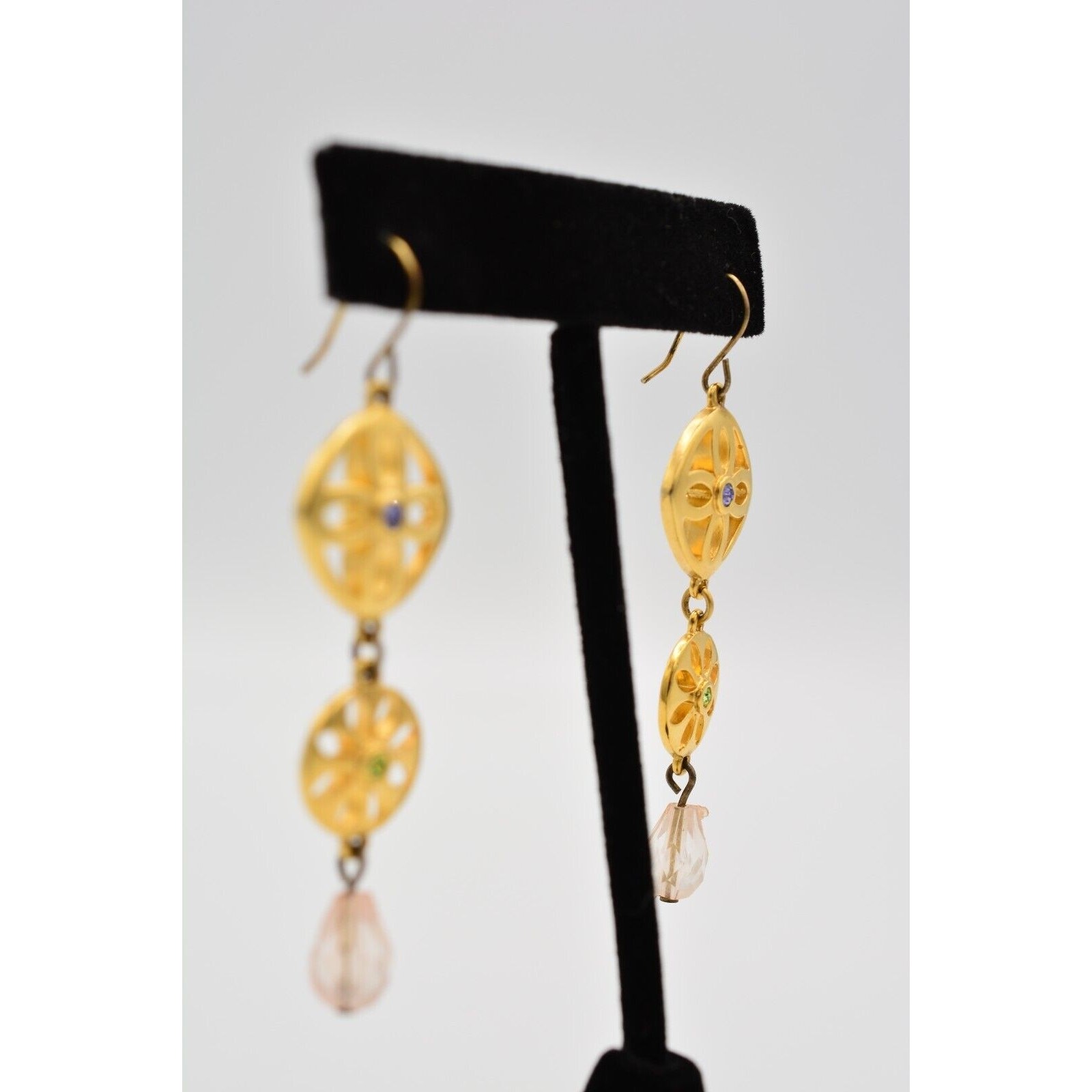Vintage Drop Dangle Earrings Beaded Crystal Blue Purple Brushed Gold 1980s 9G