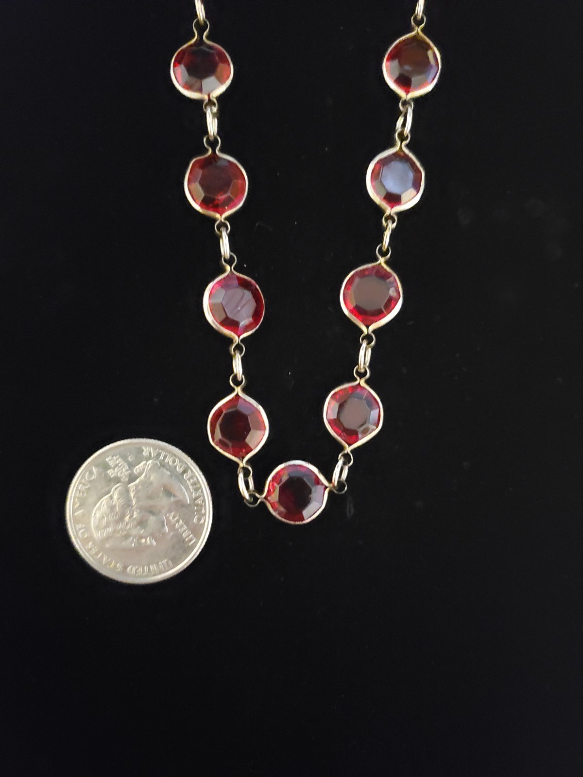 Vintage Silver Tone Bezel Set Ruby Red Garnet Crystals Necklace Women’s Gift