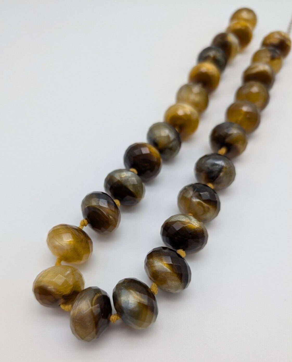 Chunky Hand Knotted Tan Brown Marble Swirl Plastic Faceted Beaded Necklace