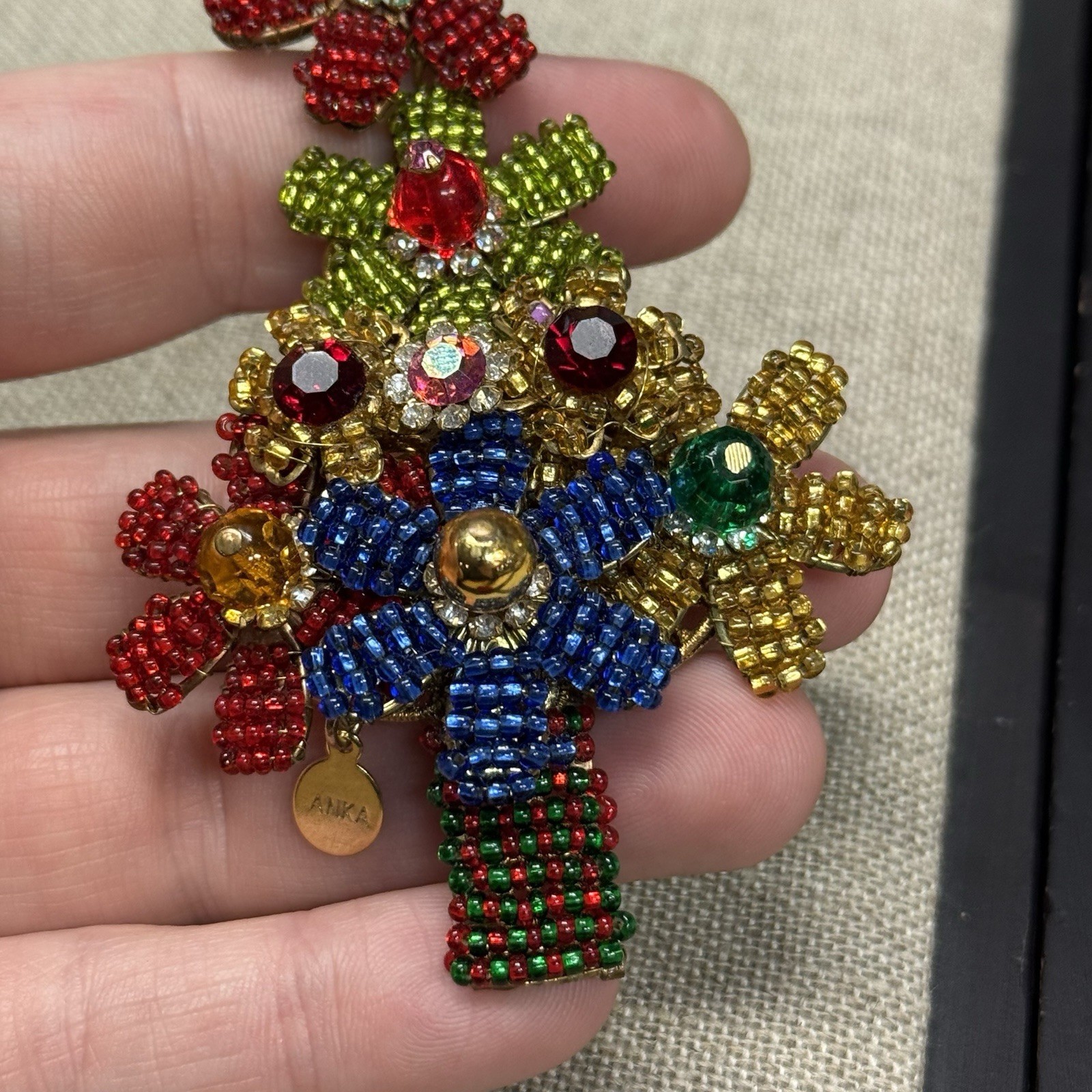 Vintage ANKA Gold Tone Beaded Christmas Tree Brooch 4”