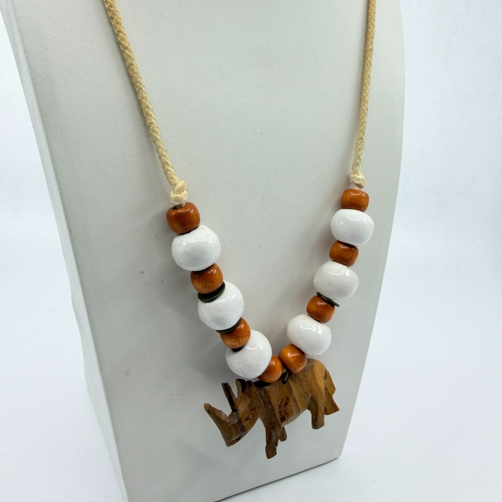 Vintage Carved Wood Rhinoceros Pendant Necklace Boho Ceramic Bead Cord 80s