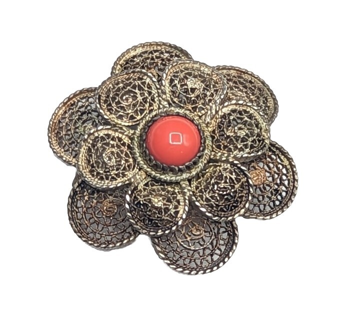 Vtg Sterling Silver Cannetille Filigree Flower Red Brooch Pin Pendant C-Clasp