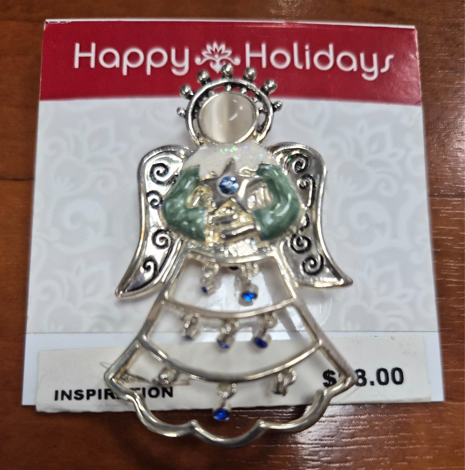 Estate Christmas Holiday Angel With Wings Blue Rhinestone Dangles Pin / Brooch