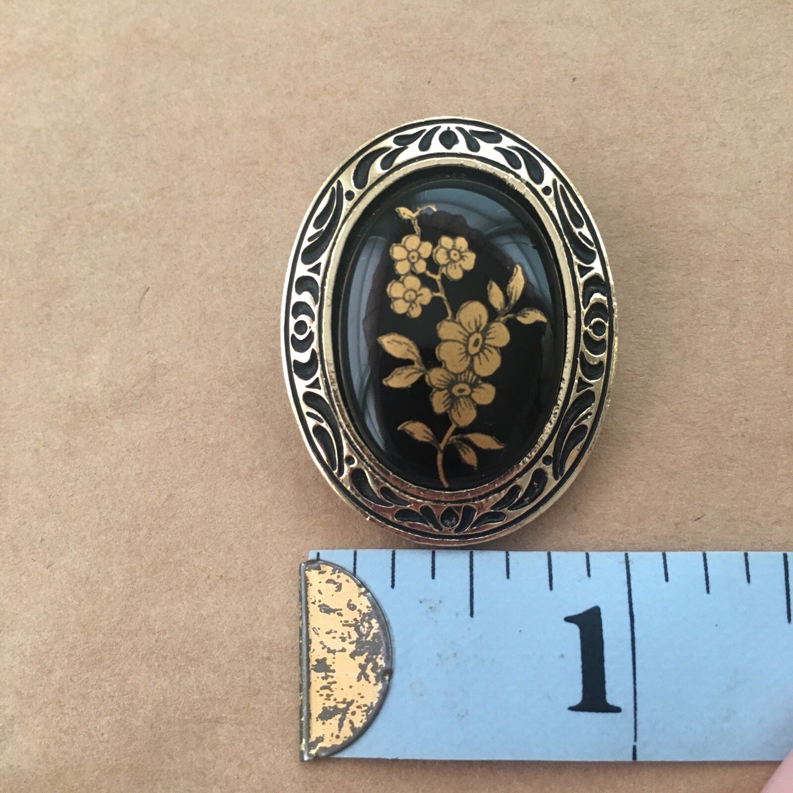 Western Germany scarf clip vintage floral gold black nature plants signed