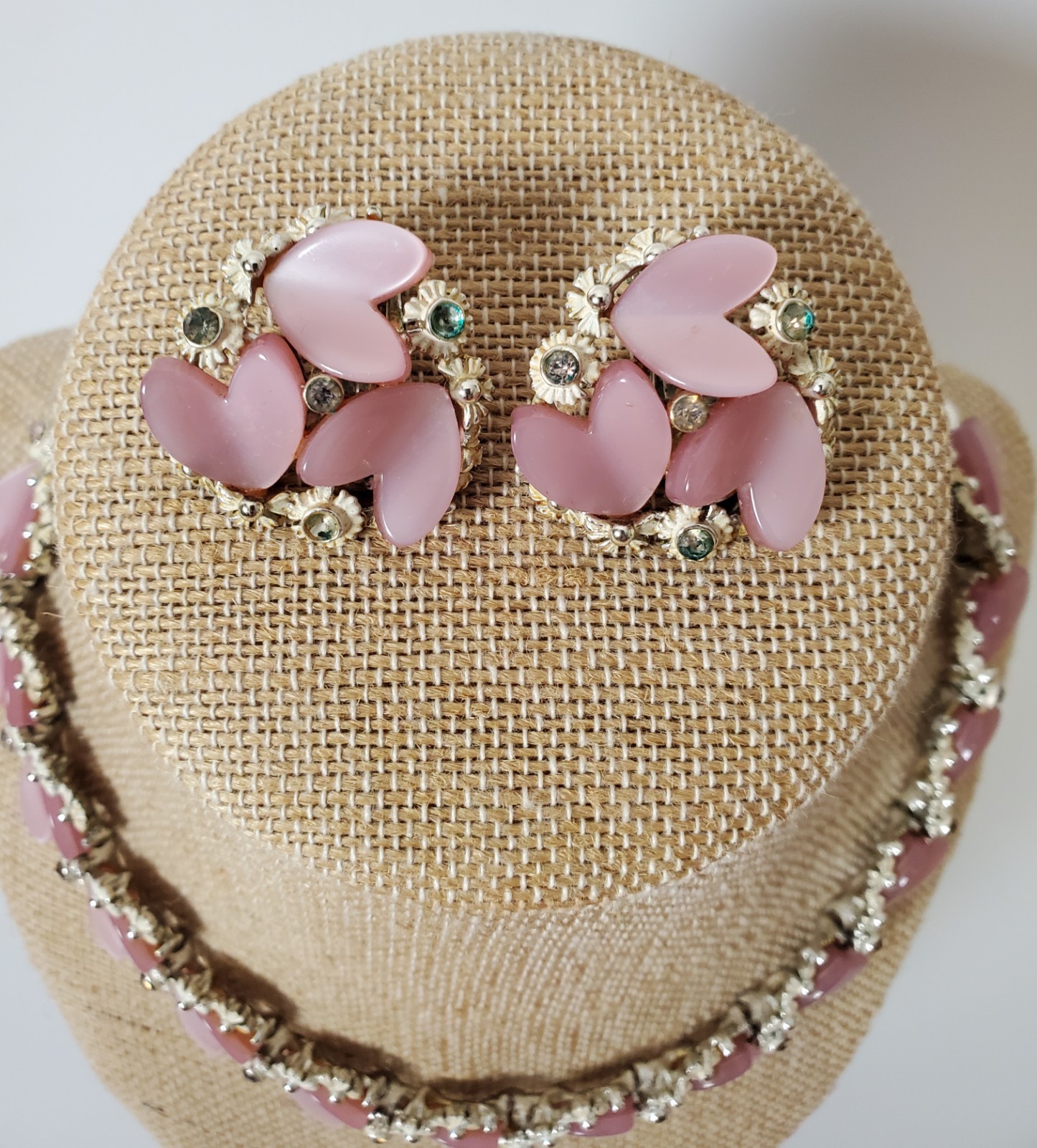 Vintage Necklace Earrings BSK Thermoset Pink Hearts Flowers Coquette Romantic