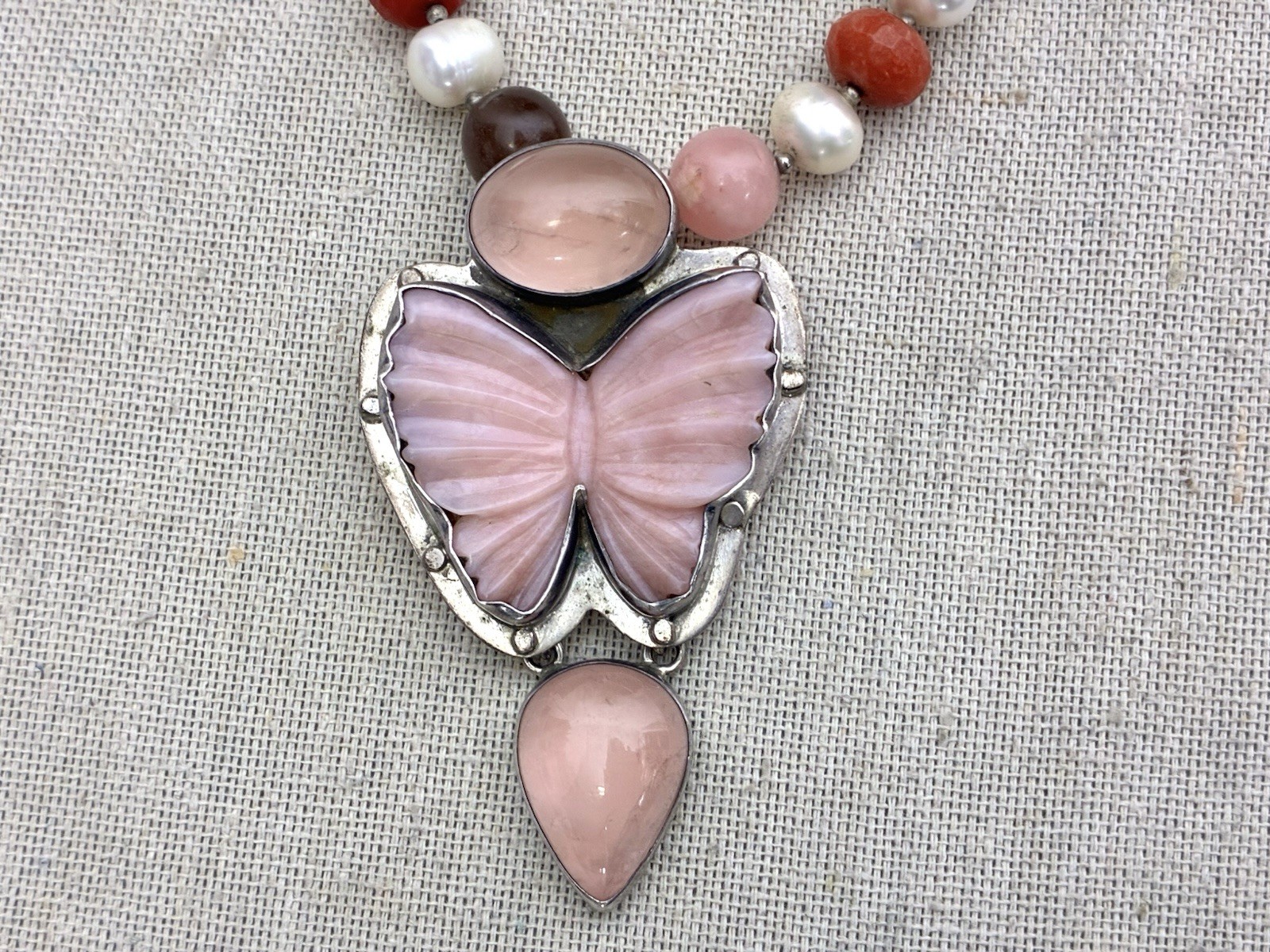 Sterling Silver AKR Amy Kahn Russel Rose QuartsButterfly Pendant Brooch Necklace