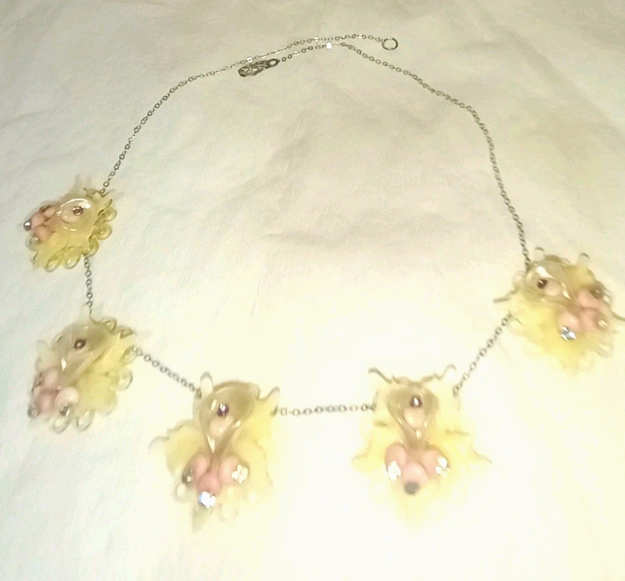 Vintage Necklace Shell Celluloid Rhinestone Floral Cluster 925 Sterling Silver