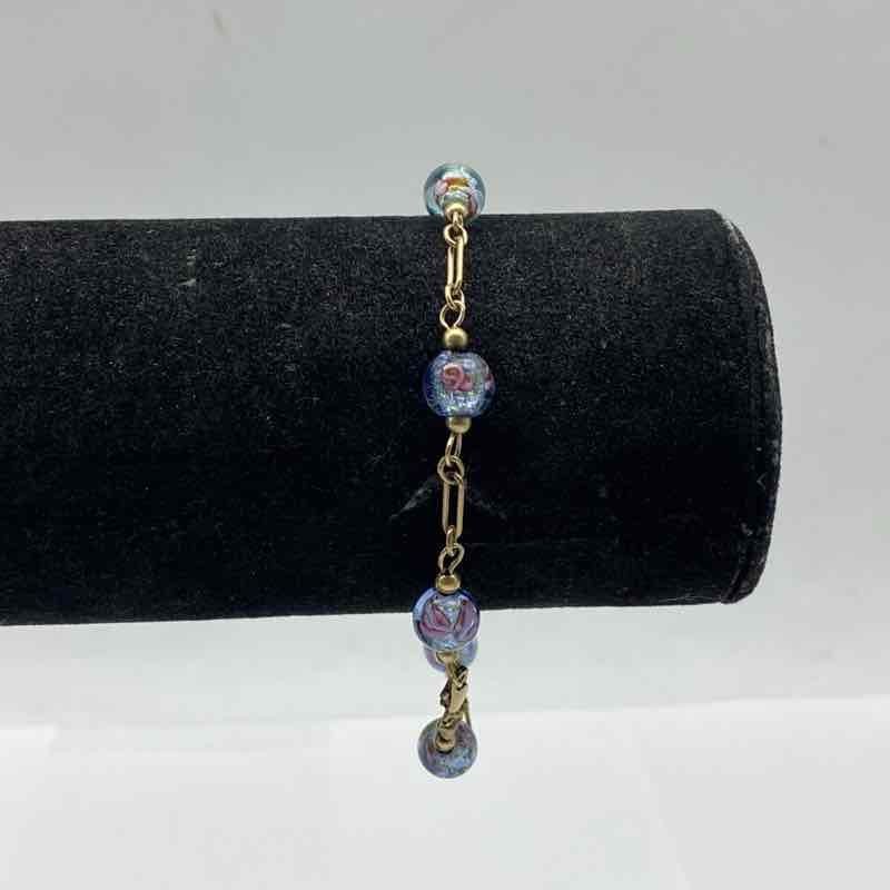 Vintage Gold Filled Murano Foil Glass Bead Bracelet & Hoop Earring Set 8.5″