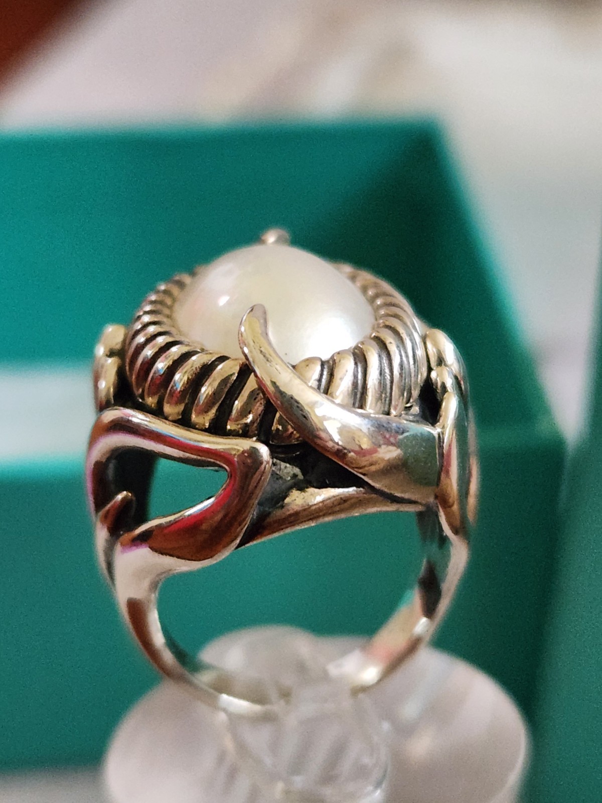 Carolyn Pollack Large Oval Pearl Ring Size 5.4 Box, Bag Sterling Vintage