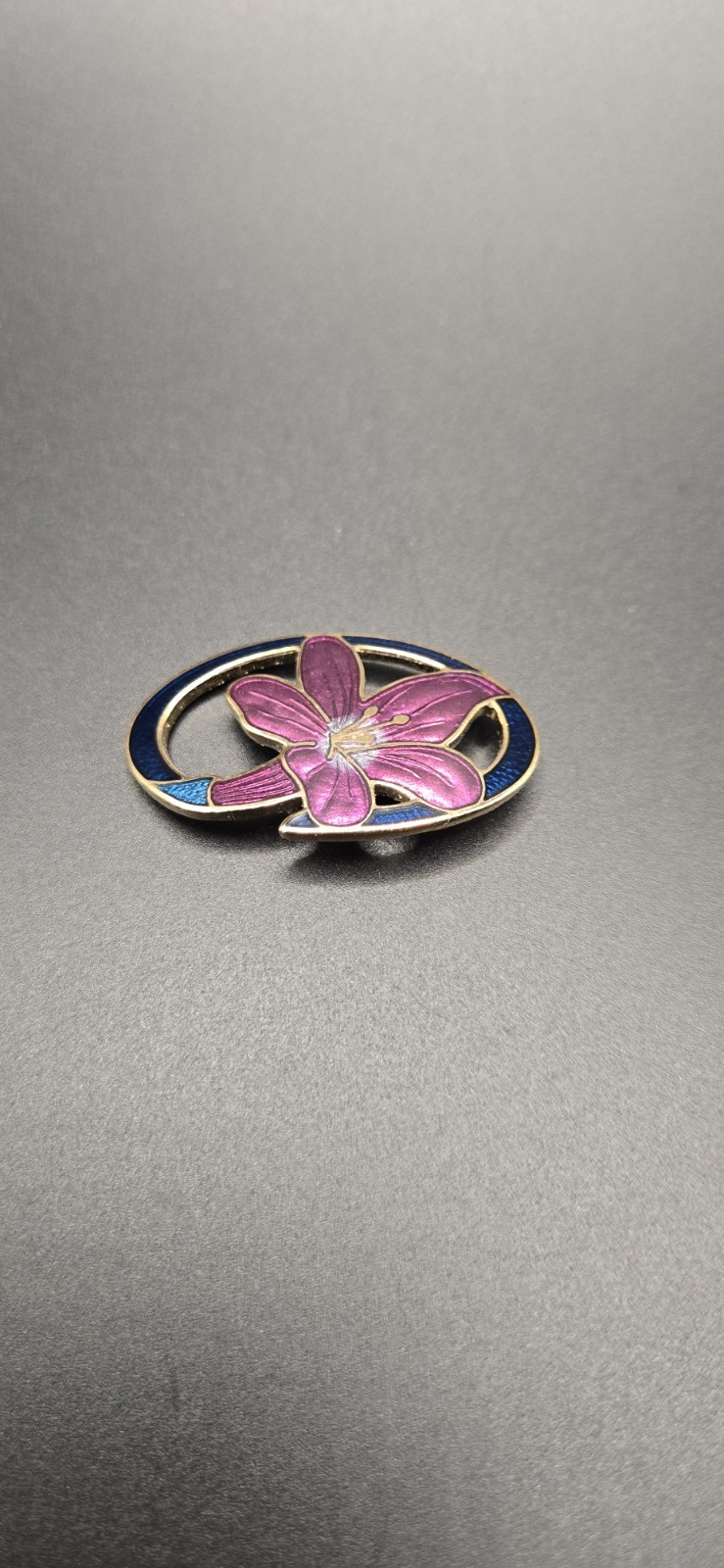 Vintage Cloisonne Cobalt Violet Blue Lily Flower Circular Brooch Classy Style
