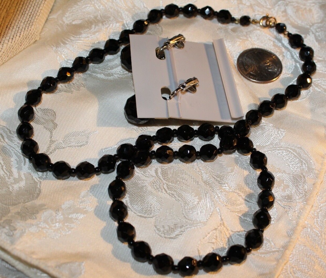 VINTAGE BLACK FACETED GLASS NECKLACE+ DANGLE CLIP GLASS EARRINGS LOVELY SET