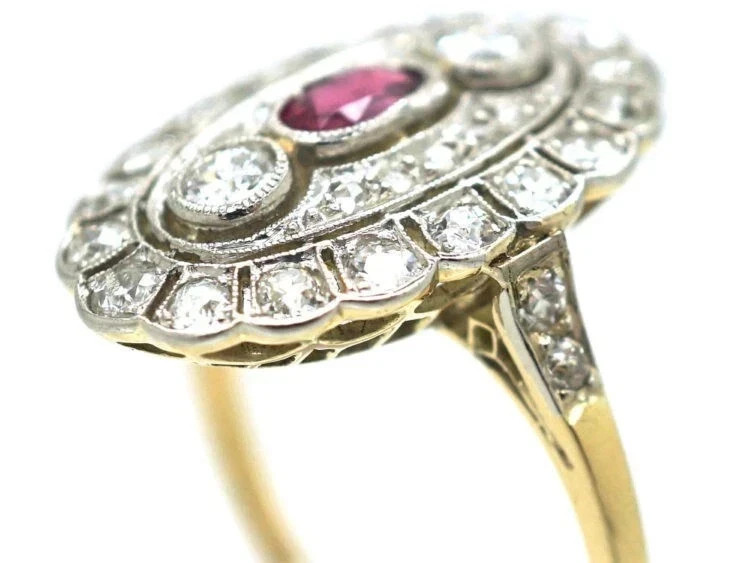 Art Deco Style Ruby & Lab Created Diamond 14K Yellow Gold FN Engagement Ring
