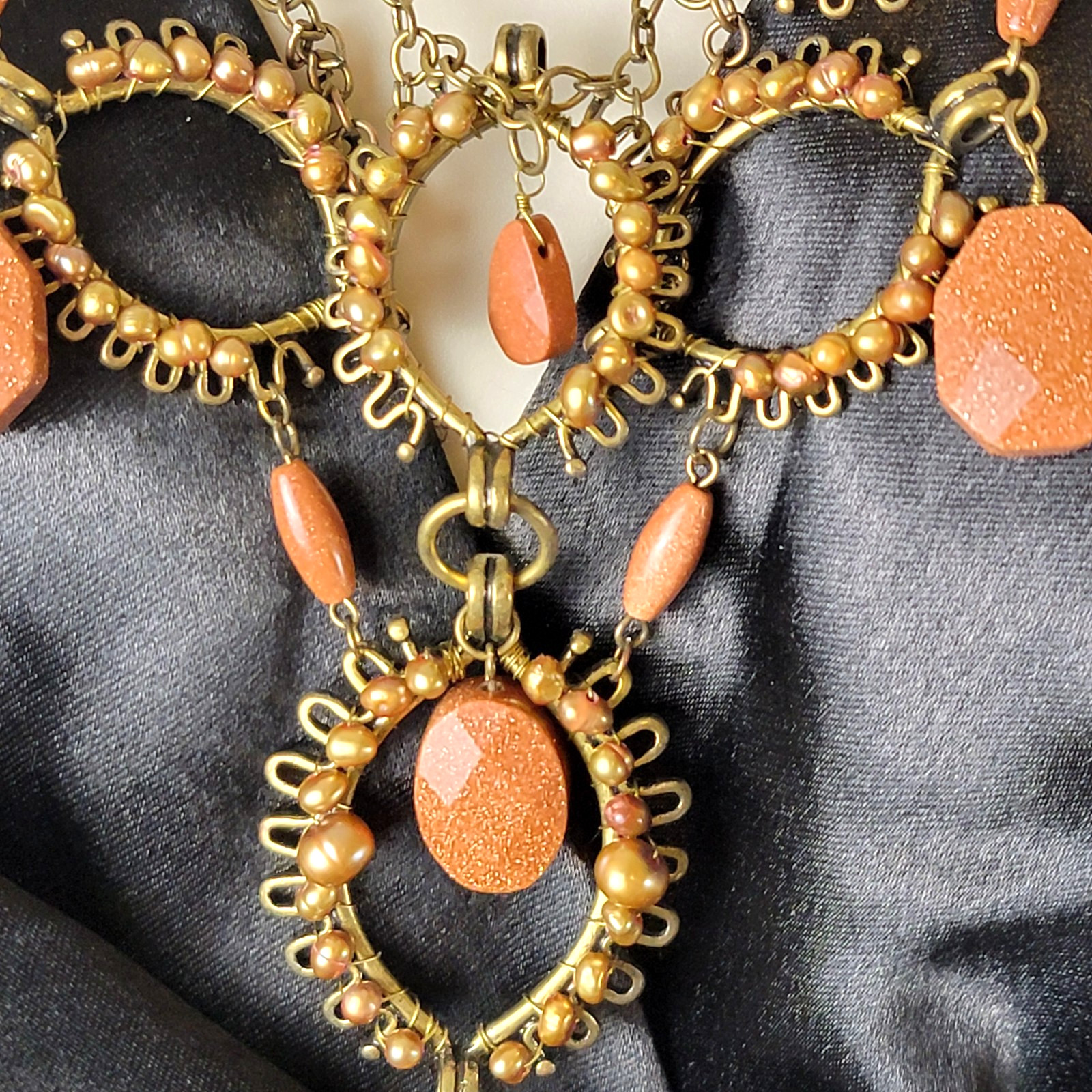 Vintage Coldwater Creek Goldstone and Pearls Bronze Tone Bib Festoon Necklace