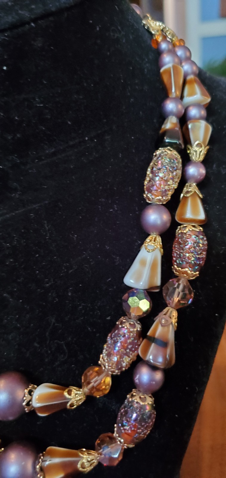 Vtg ART Arthur Pepper Double Strand Venetian Purple Crystal Gold Tone Necklace