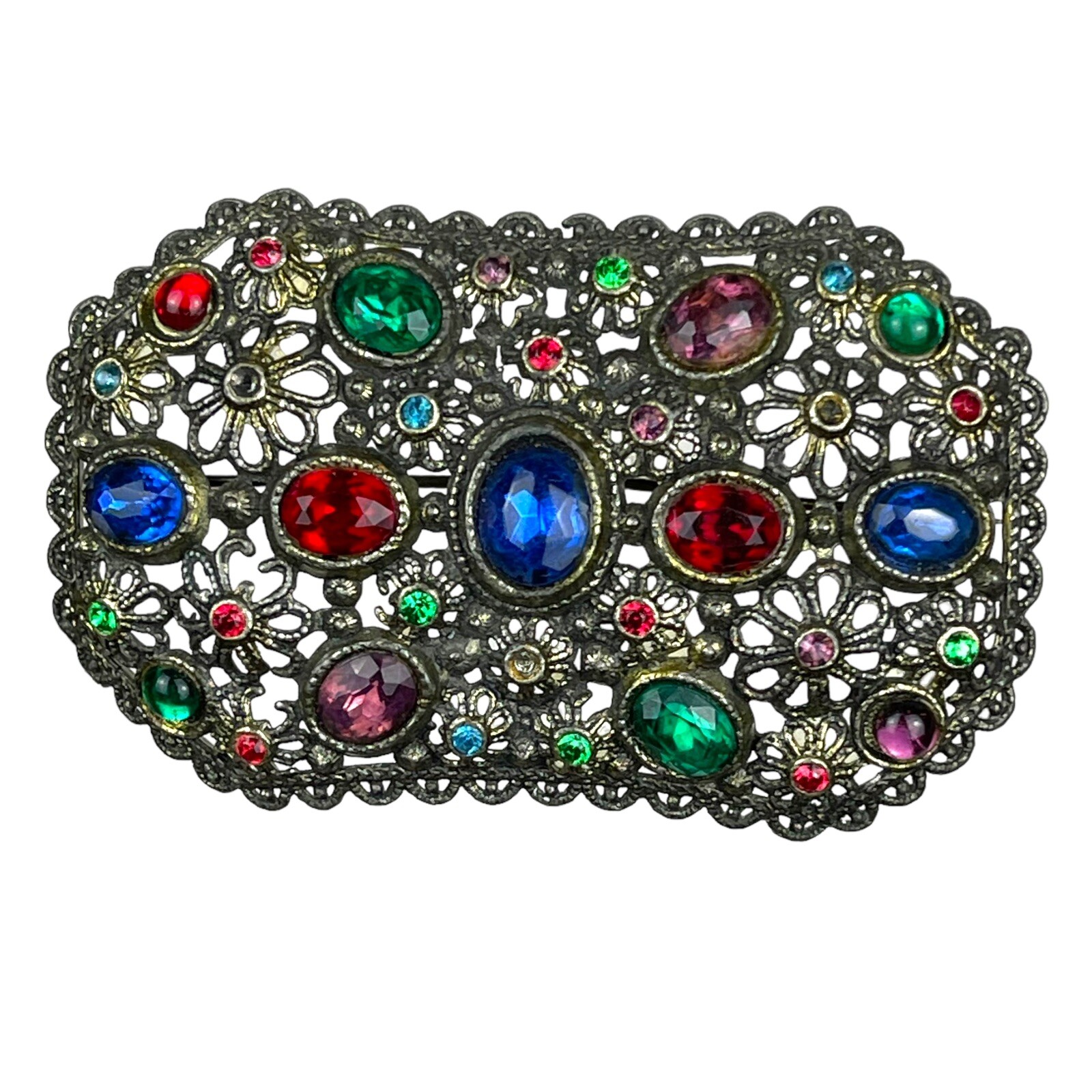Estate Brooch New England Glass Works Vibrant Colors Faceted Stones Vtg 3” Pin
