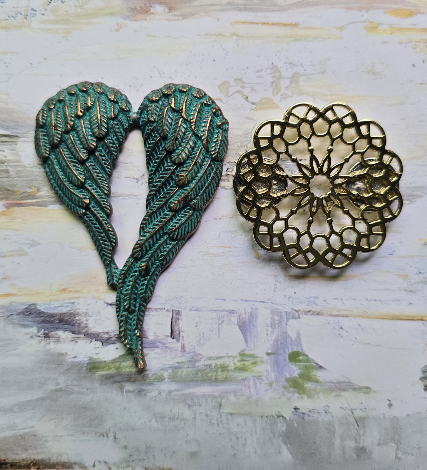 Magnetic Angel Wings brooch, copper patina. Angel heart brooch Remembrance gift