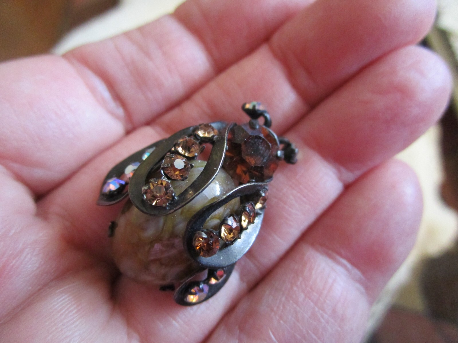 Unsigned Warner Vintage Bug Brooch, Brown/white rhinestone dark metal FE24-19