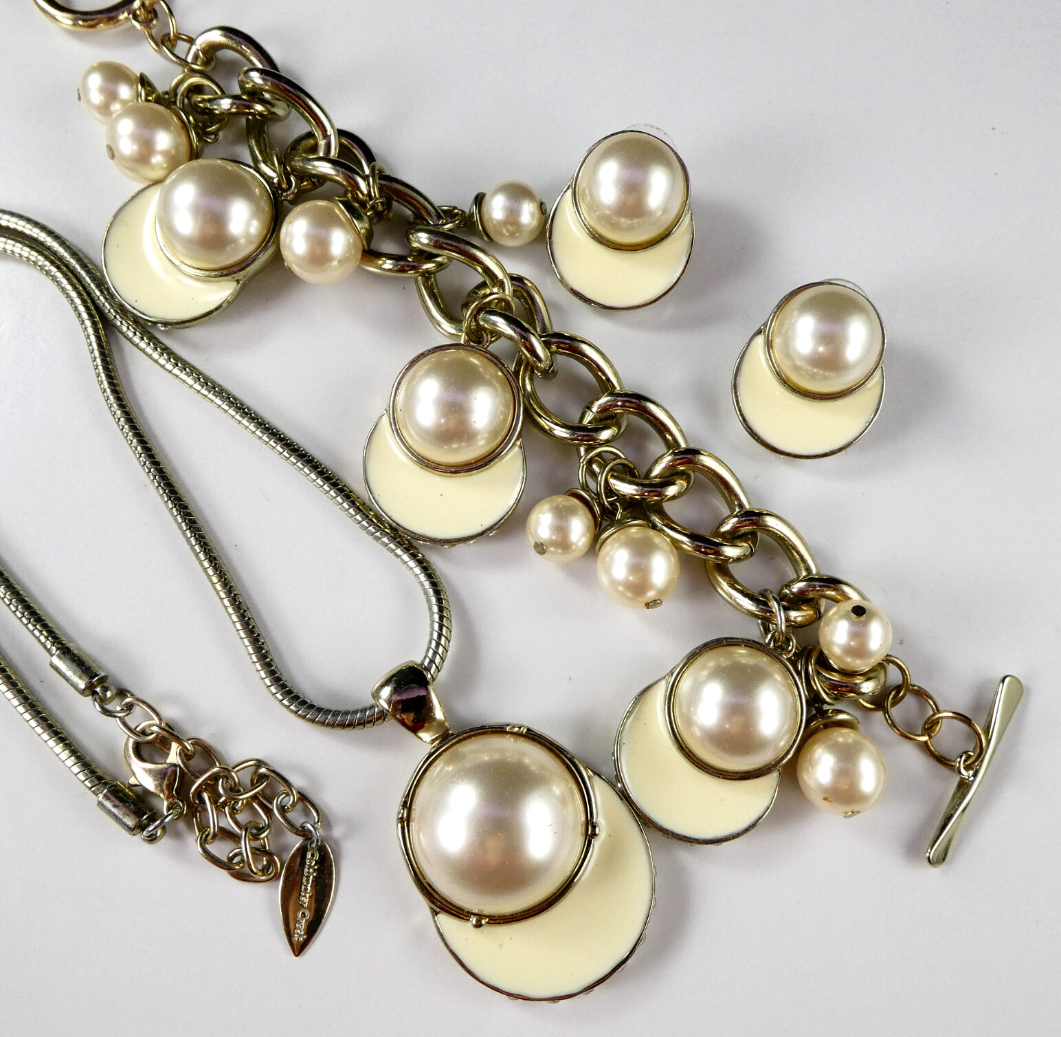 Coldwater Creek Cream Enamel Pearl Necklace Bracelet Earrings Set 3 Piece