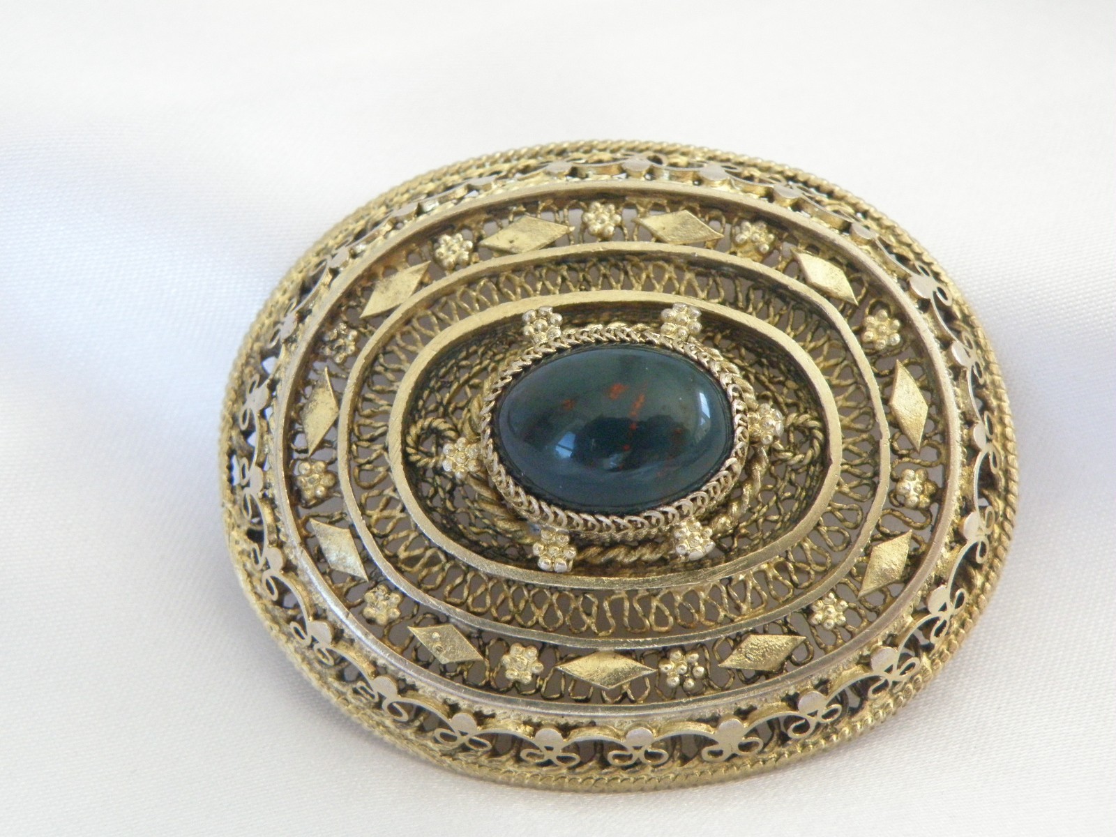 Vintage Silver Gold Plated Natura Bloodstone Large Filigree Brooch