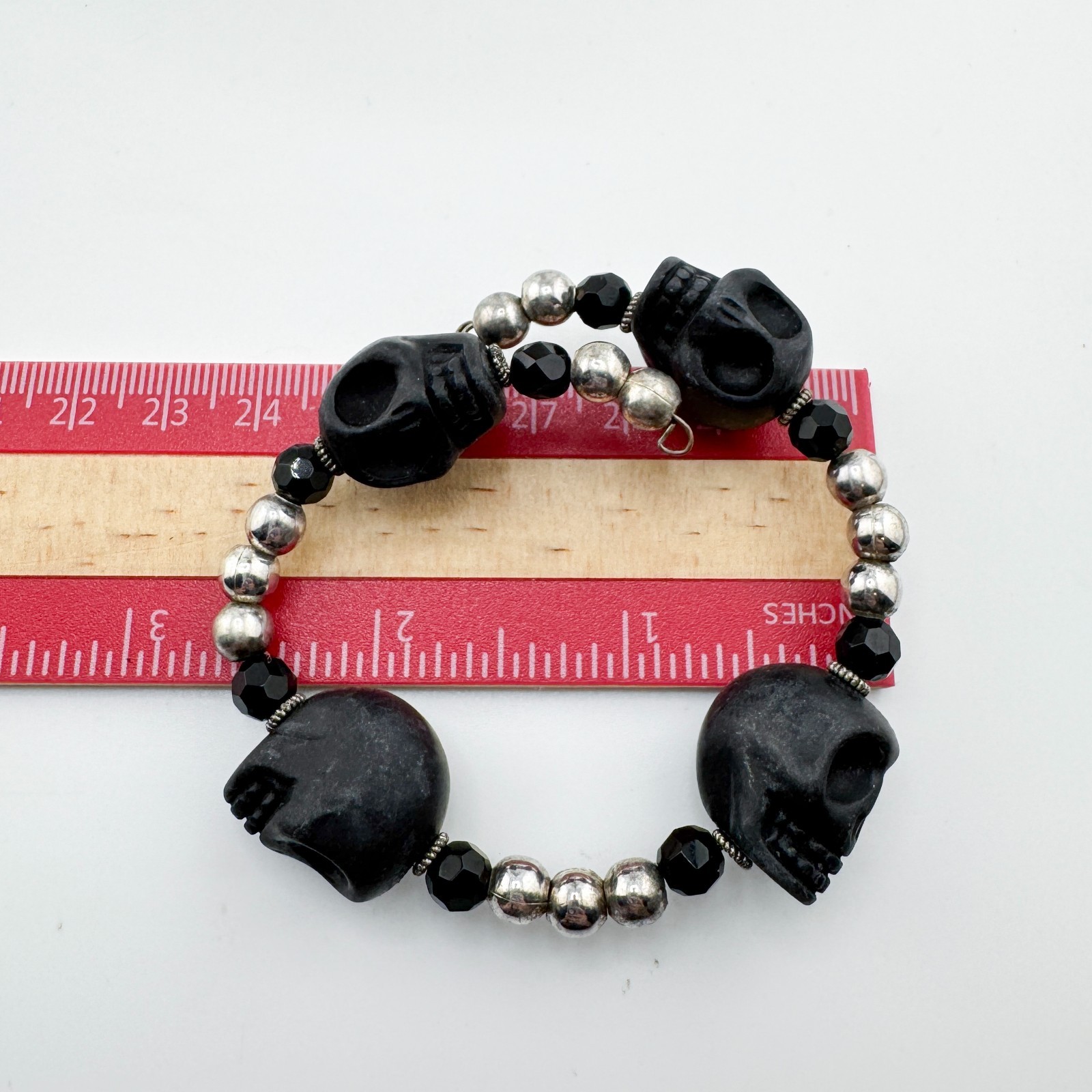 Black Skull & Silver Tone Beaded Stretchy Bracelet Gothic Edgy Rocker Punk Retro