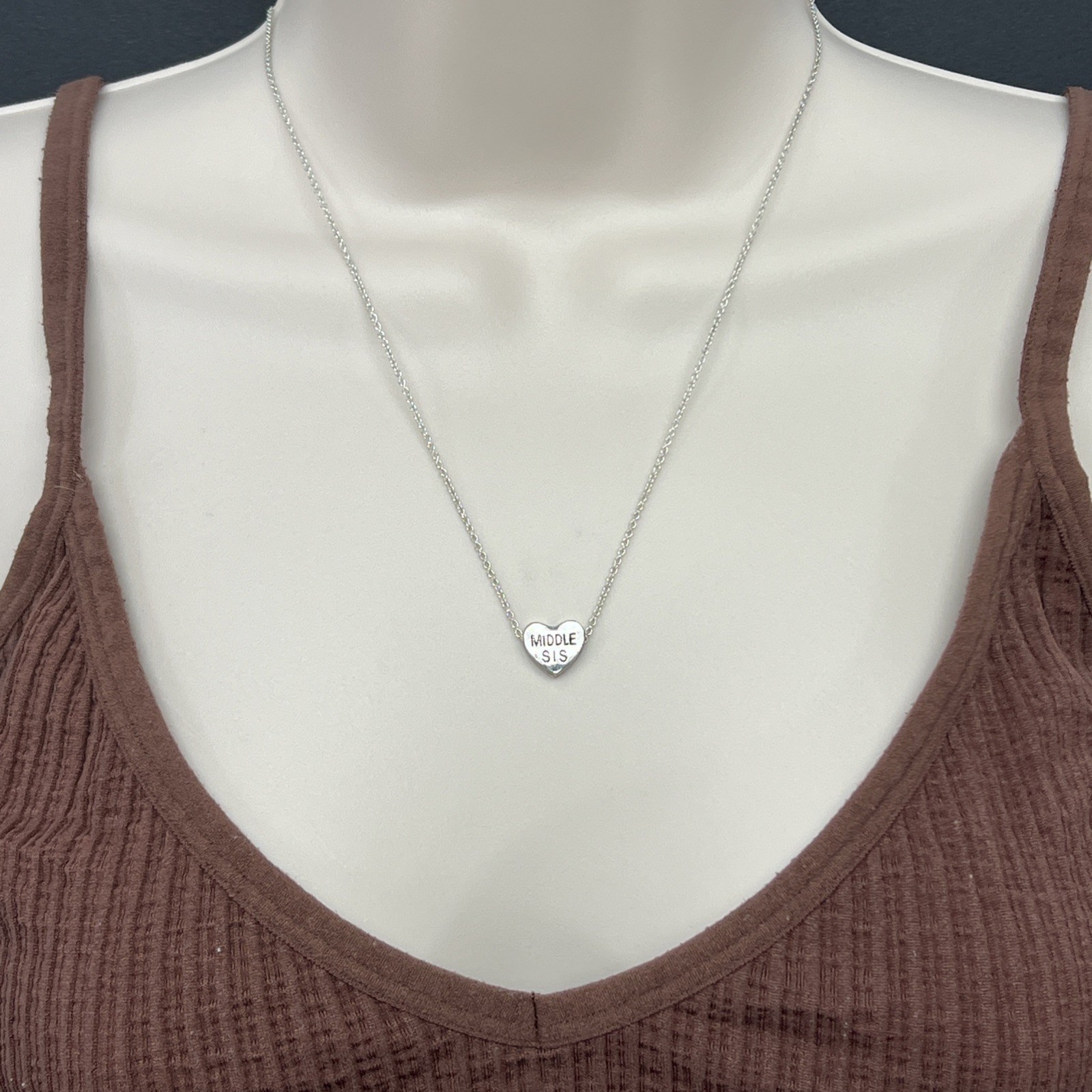 Claire’s MIDDLE SIS Sliding Heart Pendant Necklace Vintage Silver Tone 18”