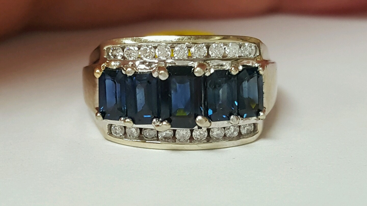 Estate 1.17ct Emerald Cut Blue Sapphire and Round Diamond 14k Whote Gold Ring
