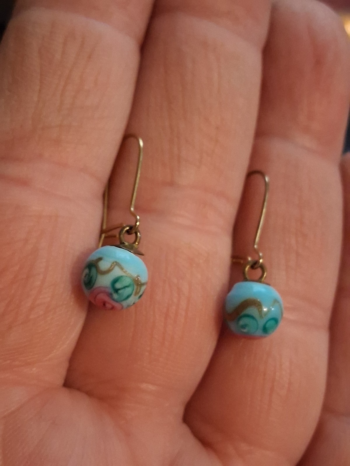 Turquoise blue lampwork bead dangle drop earrings w/pink flower, gold-plate earw