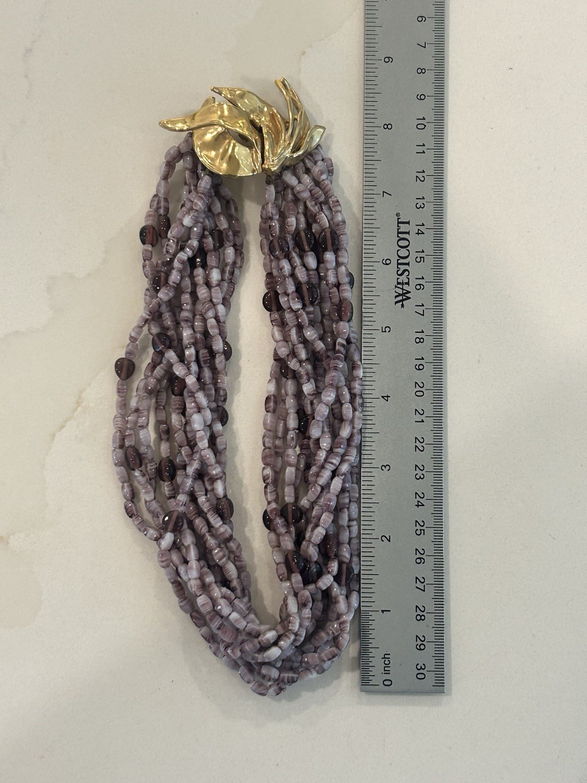 Vintage Ciner Torsade Necklace Amethyst Purple Glass Bead Sculptural Gold Clasp