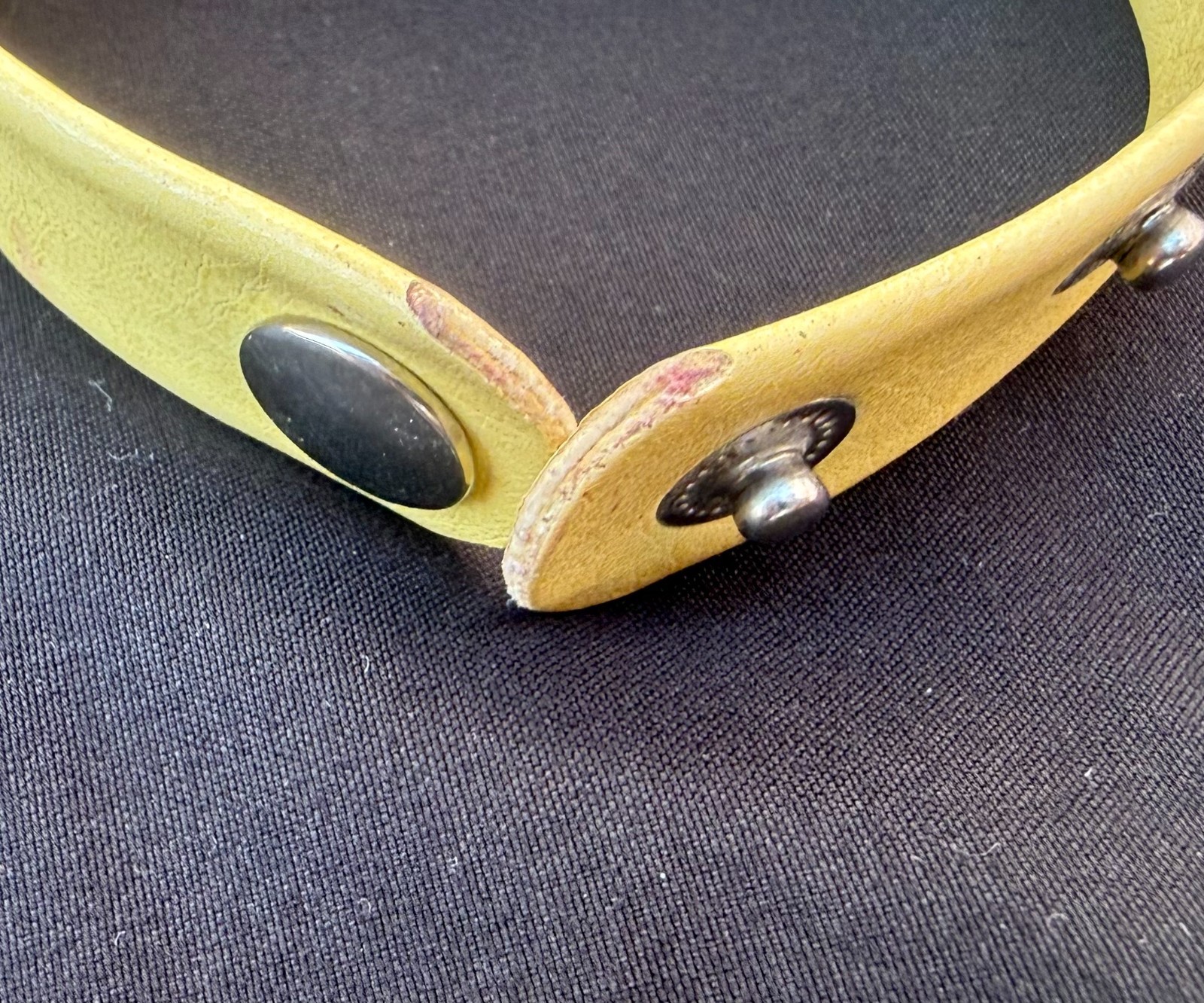 Vintage Yellow Leather Snap Cuff Band with enamel and rhinestone floral cluster