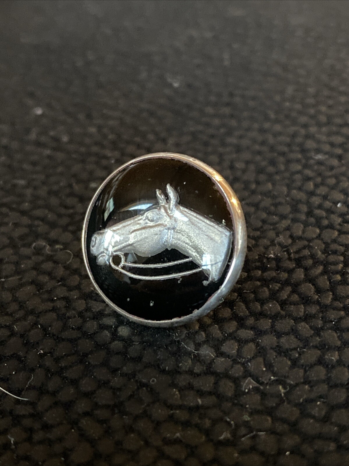 Antique Bubble Goofus Glass Reverse Painted Carved Intaglio Horse Equestrian Pin