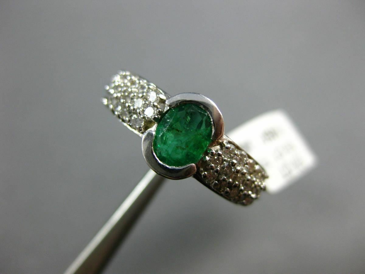 ESTATE 1.53CT DIAMOND & EMERALD 14KT WHITE GOLD OVAL SEMI BEZEL ENGAGEMENT RING