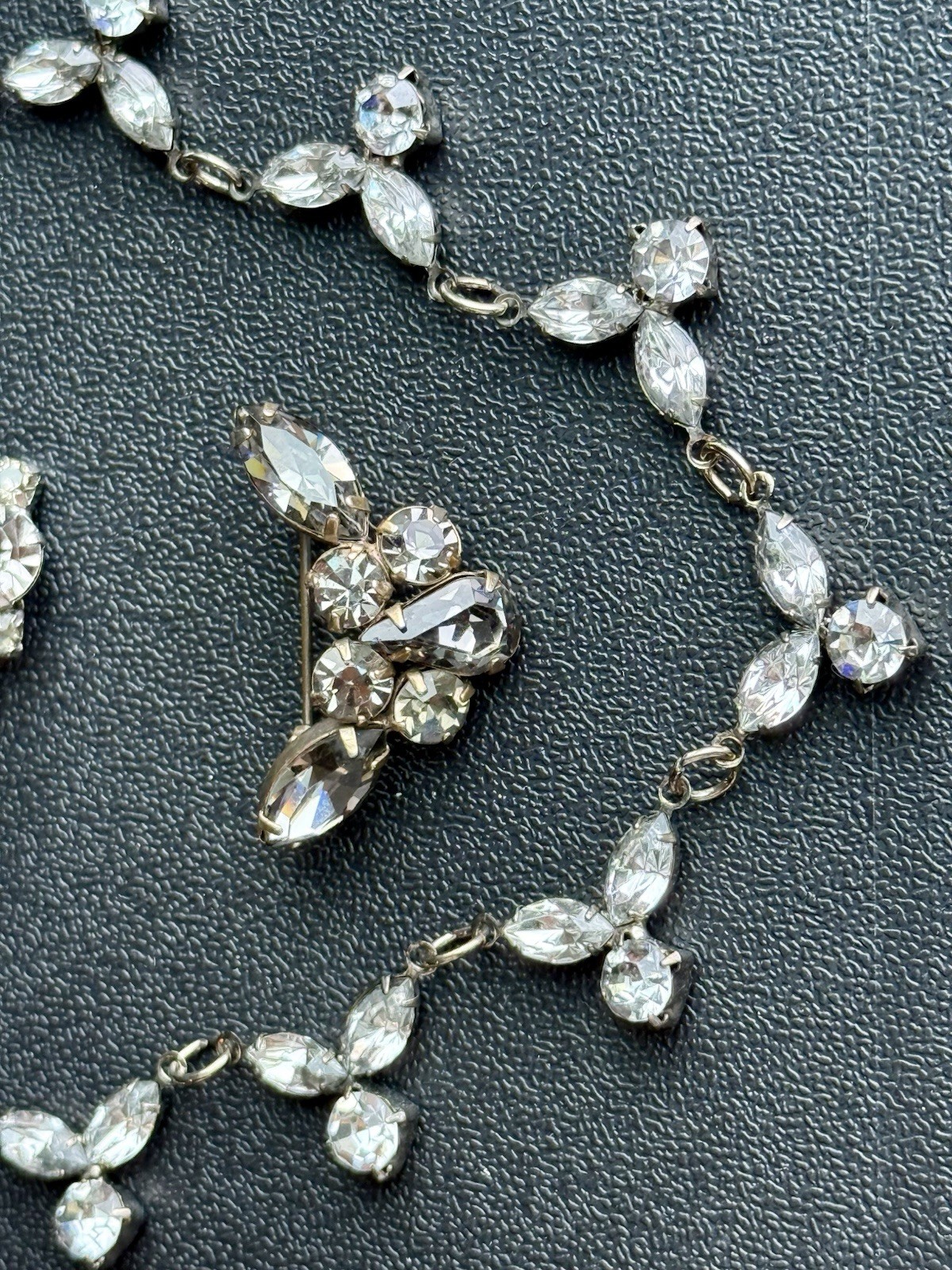 Vintage Designer Jewelry Lot Smoky Grey Rhinestone Necklace Brooch Earrings. A