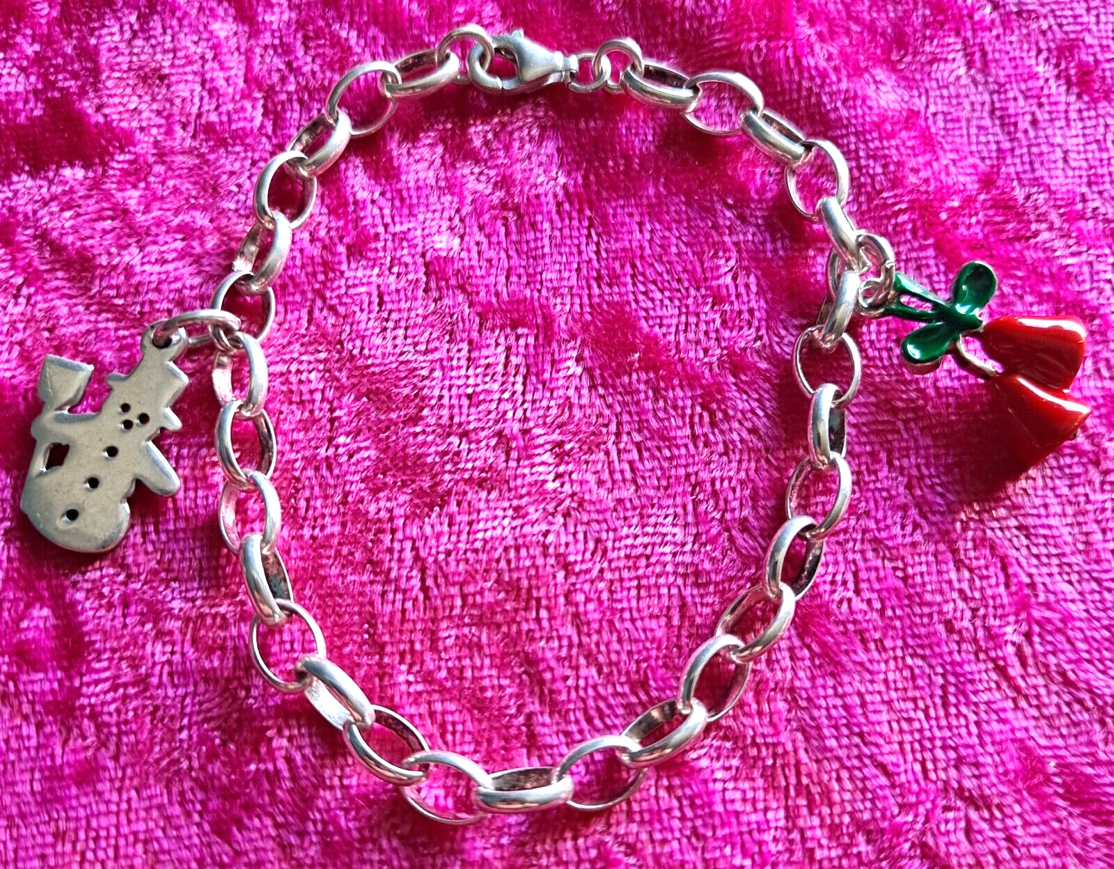 Vint Sterling Silver Starter Charm Bracelet With 2 Christmas Charms 7″ Inches