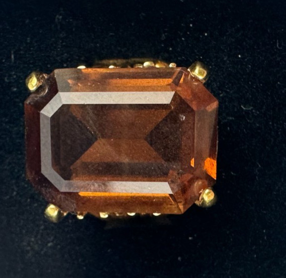 Vintage Amber Emerald Cut Cocktail Ring and Lapel Pin