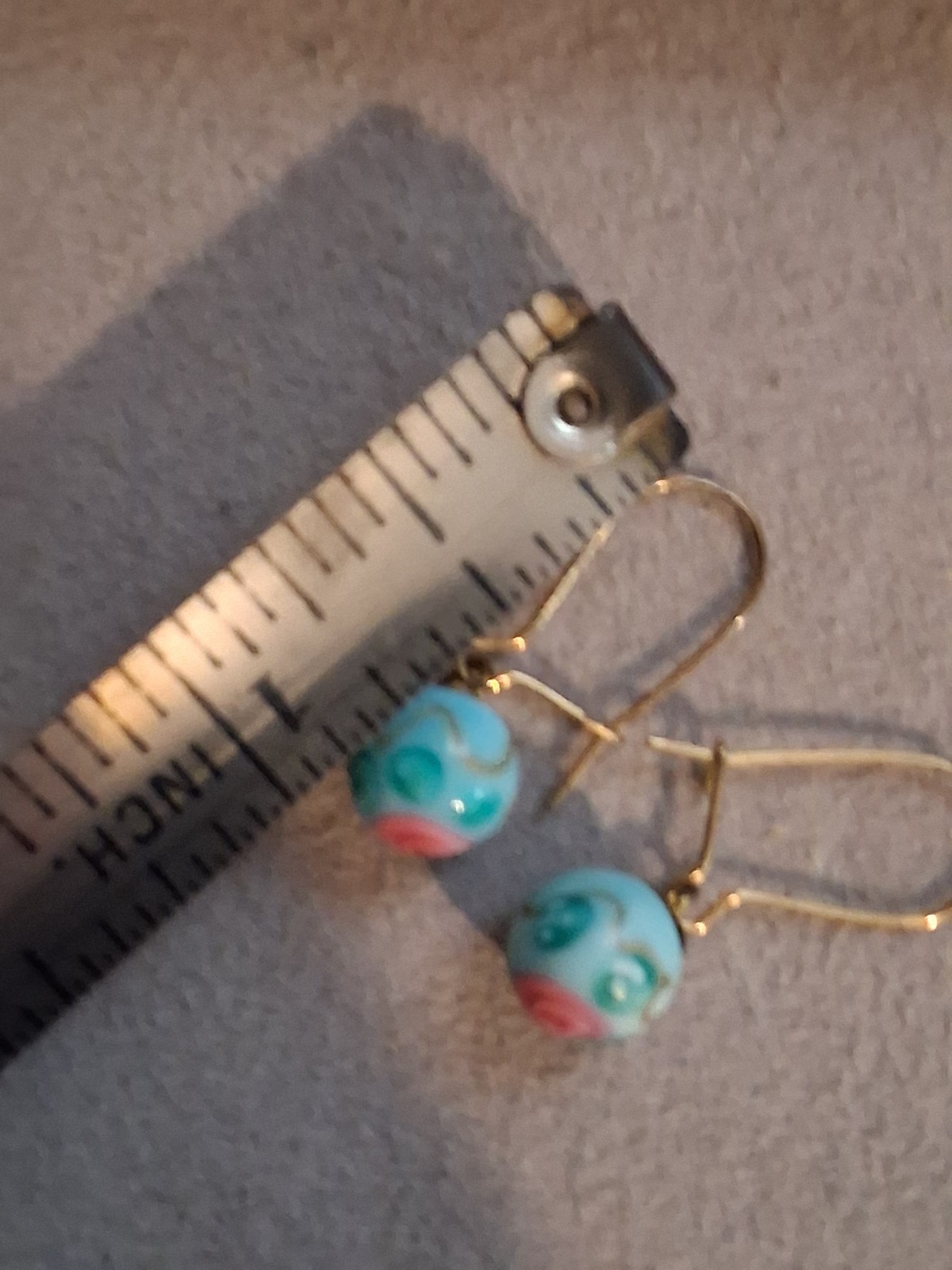 Turquoise blue lampwork bead dangle drop earrings w/pink flower, gold-plate earw