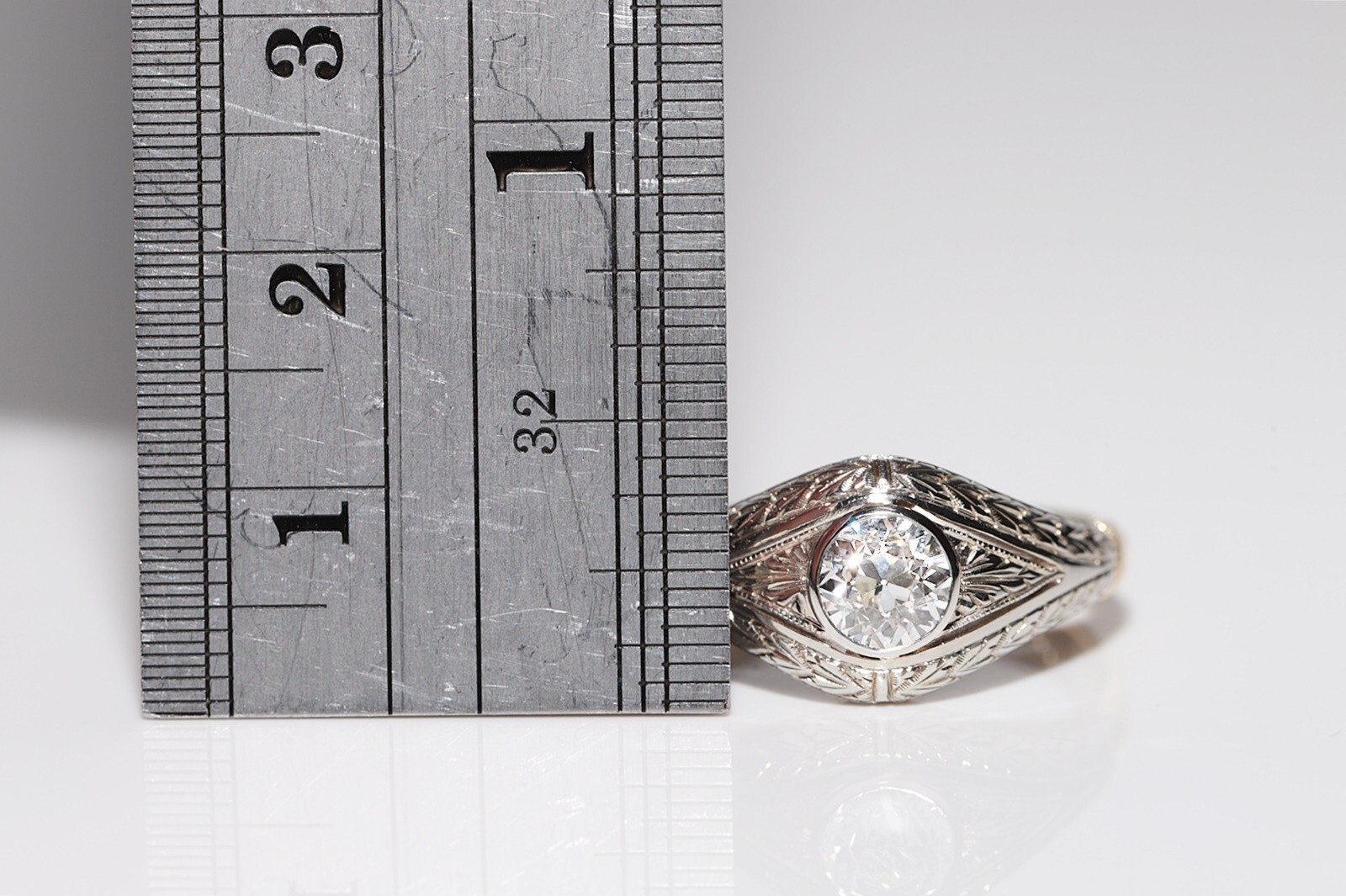 Antique Circa 1920s Art Deco 18k Gold Natural Diamond Decorated Solitaire Ring